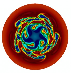 Simulation numérique illustrant le développement d'une instabilité du plasma dans une chambre de confinement magnétique (ou tokamak). ©Equipe Kaliffe 